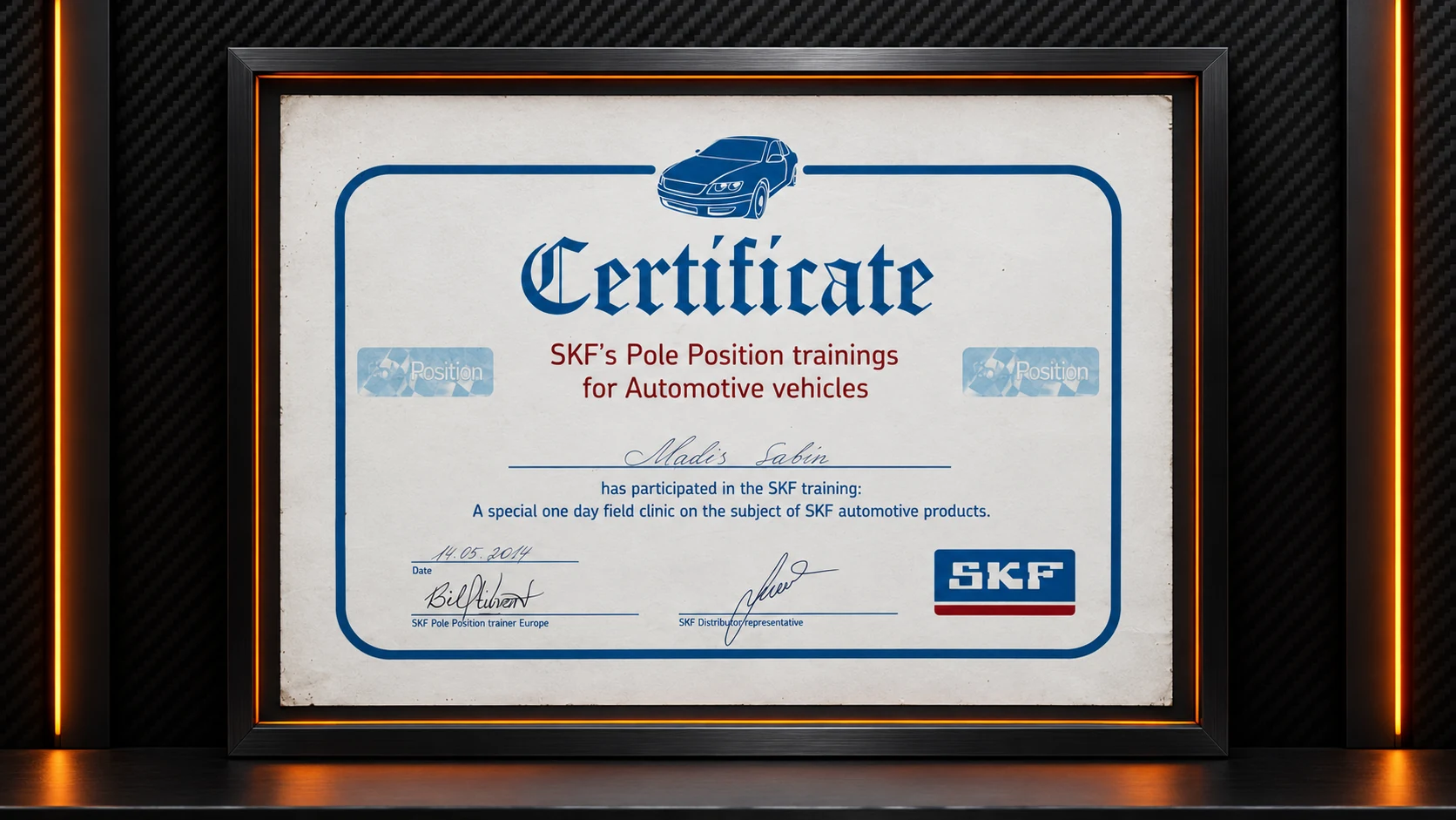 SKF Pole Position Automotive koolituse sertifikaat